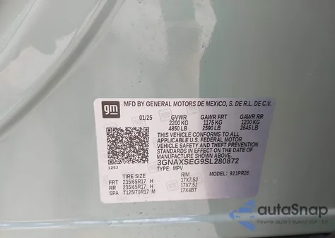 2025 Chevrolet Equinox Awd Activ из США, поврежденный, VIN 3GNAXSEG9SL280872